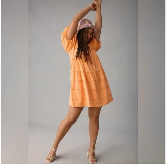 Anthropologie Square Neck Puff Sleeve Orange Dress Size Medium - Picture 3 of 11